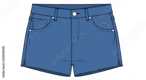 Illustration of classic blue denim shorts with a cropped design, featuring front pockets and button detail, set against a white background