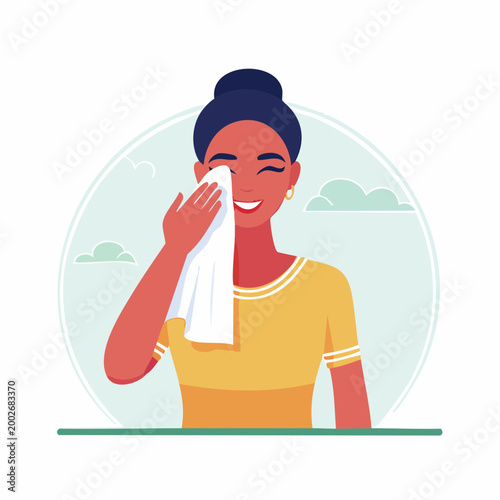 Woman wiping face with towel