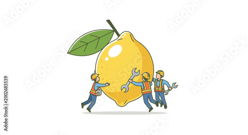 Tiny construction workers with tools diligently working on a large lemon illustration, representing teamwork, problem-solving, and turning challenges into opportunities.
