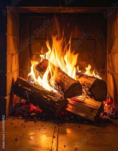 Fireplace with burning logs, flames, and warm glow