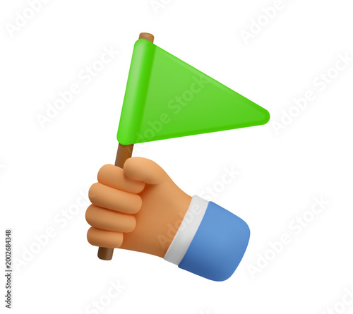Vector 3d hand with green flag icon. Triangle flag, achievement, success or permission concept. Simple cartoon icon isolated on white background
