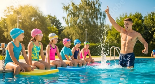 Young swimming instructor teaching children swimming safety and techniques at outdoor pool during sunny day with lush green trees in background