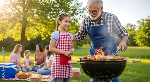 Happy family enjoying outdoor barbecue in park during sunny day with children and grandparents cooking together in nature scene