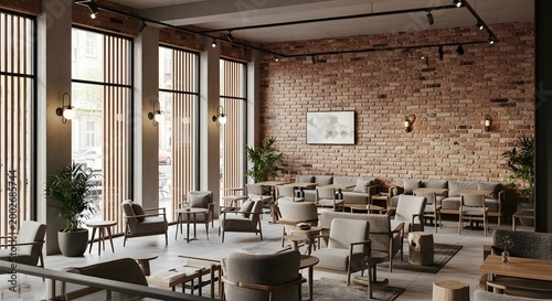 Modern stylish cafe interior with natural light large windows exposed brick wall cozy seating arrangement contemporary decor inviting atmosphere for social gatherings and relaxation
