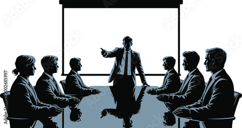 Business leader directs a team during a collaborative strategy session in a boardroom featuring a large empty projection screen for visual information and collective corporate decision making.