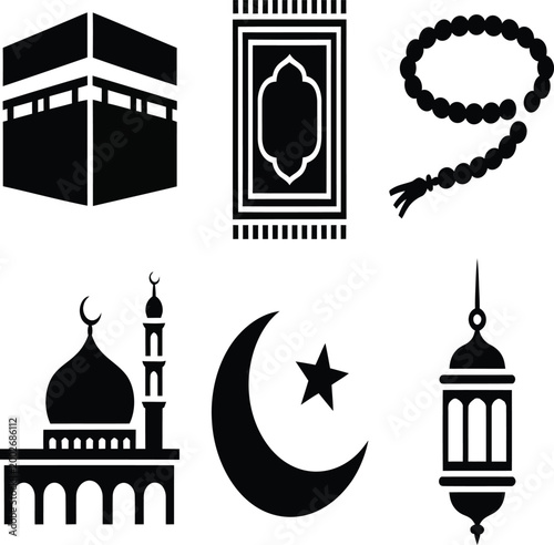 A set of Islamic cultural and religious symbols, including the Kaaba, mosque, crescent moon and star, prayer mat, prayer beads, and a lantern.