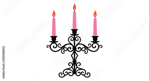 Three lit candles in ornate candelabra black silhouette on white