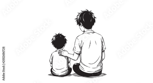 Vector illustration of a man and child sitting together, black and white, family bonding, relationship, love
