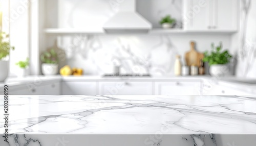 Focus on marble countertop, blurred clean kitchen background
