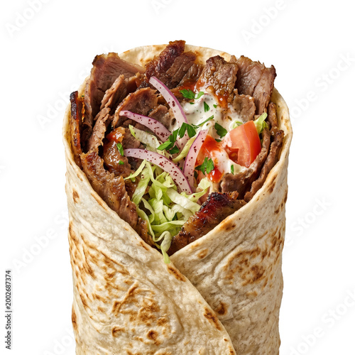 Beef doner kebab wrap with sauce and salad