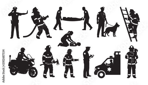 Emergency services first responder silhouette icon set showing firefighter police paramedic rescue and public safety scenarios
