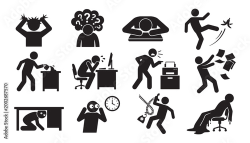 Quadro su tela Workplace stress burnout frustration and mental breakdown silhouette icon set fo