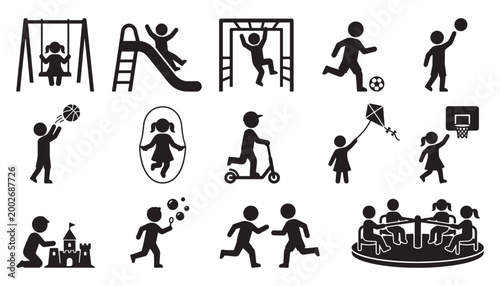Children playground outdoor play activity silhouette icon set showing games sports recreation and childhood fun scenarios