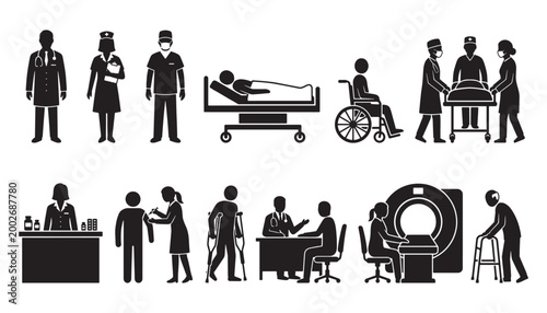 Hospital medical healthcare activity silhouette icon set showing doctors nurses patients diagnosis treatment and MRI scan scenarios