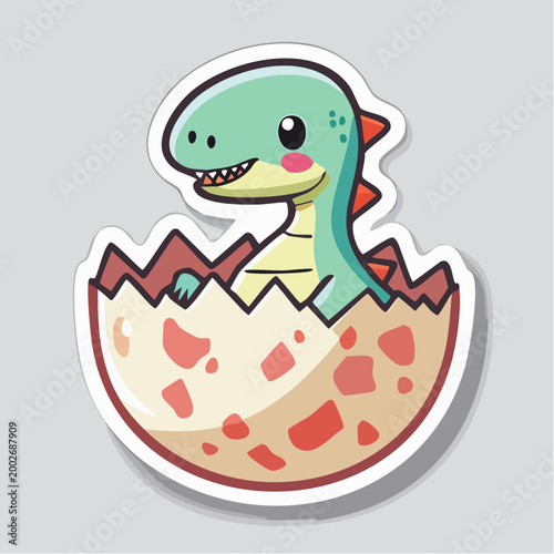 Cute baby dinosaur hatching from egg sticker illustration