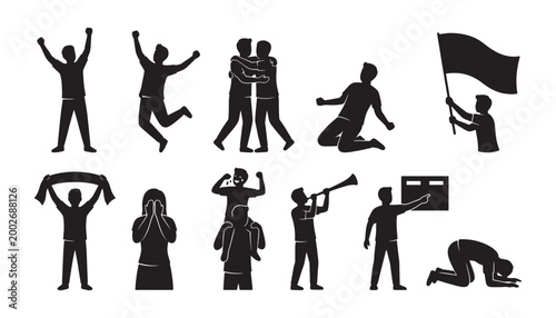 Human emotion celebration protest victory and expression silhouette icon set for social awareness sports fan and event design projects