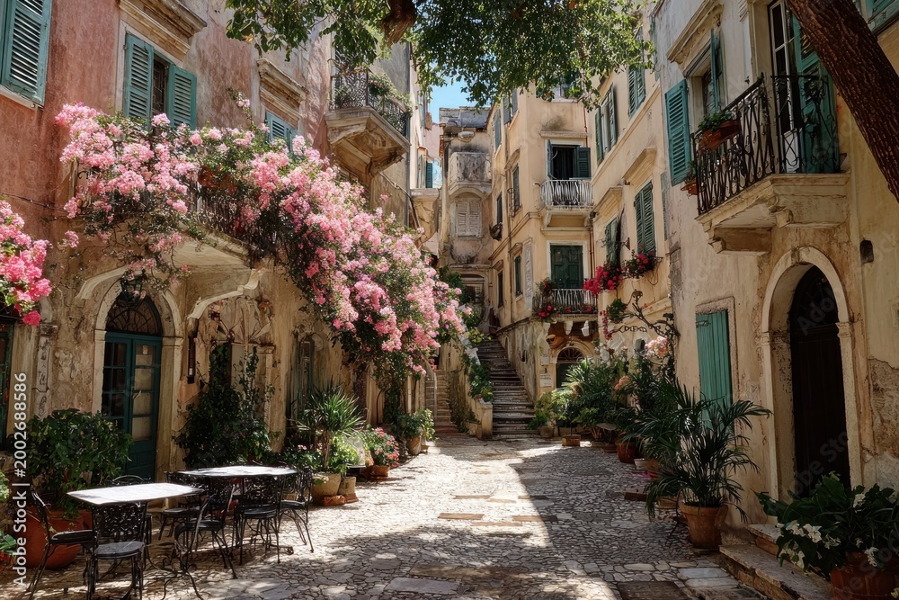 Fototapeta premium Charming European Alleyway with Flowering Vines