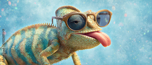 Funny animal - Celebration, happy birthday, summer party, greeting card banner - Chameleon reptile with sunglasses and tongue stuck out isolated on blue background texture.
