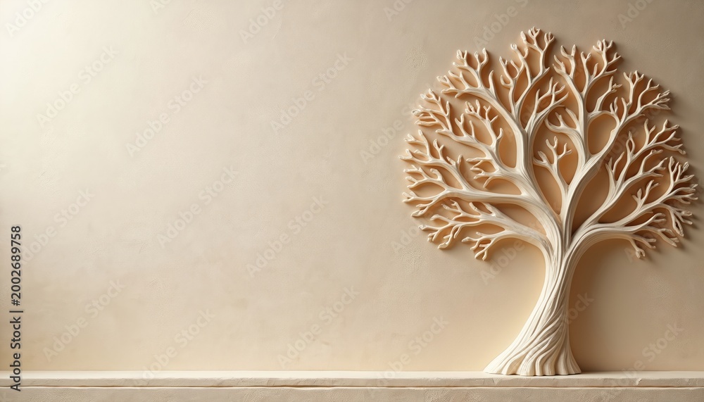 Obraz premium Minimalist beige tree relief artwork with organic textures and abstract lines. Elegant sculpture design for nature-inspired interior decor. Serene background.