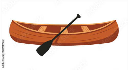 Wooden canoe with paddle flat vector illustration on white background