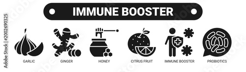 Immune Booster web banner icon vector illustration concept with icons of garlic, ginger, honey, citrus fruit, immune booster, and probiotics.