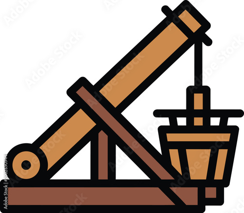 Ancient siege weapon launching projectile during historical battle flat icon