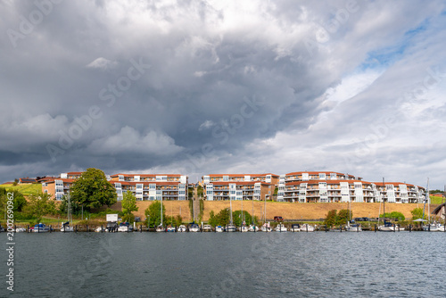 Terraced waterfront apartments, Margretheparken, Sønderborg, modern residential development along Alssund Strait, Southern Denmark