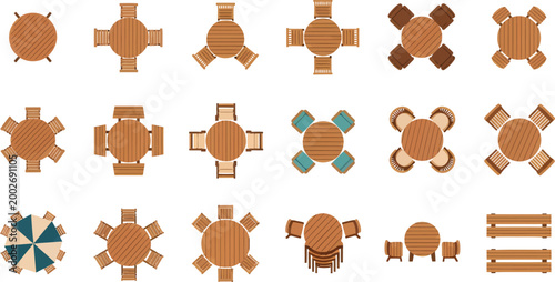 Top view wooden table and chair furniture set collection for restaurant cafe interior design vector illustration