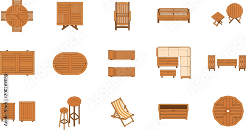 Wooden outdoor furniture set top view icons collection featuring tables chairs benches and loungers in flat vector