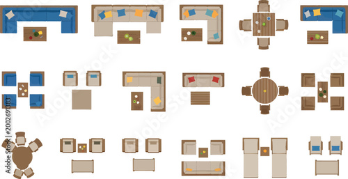 Furniture Top View Vector Set Featuring Various Sofas Chairs Tables and Living Room Layouts for Interior Design Projects