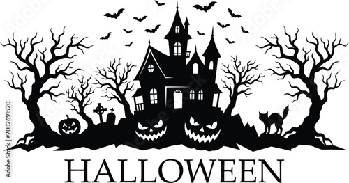 Black silhouette of a spooky halloween scene with a haunted house trees bats and jackolanterns on a white background