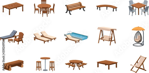 Isometric Outdoor Furniture Set Collection Featuring Wooden Tables Chairs Benches Loungers and Garden Decor Vector Illustration Graphic Design