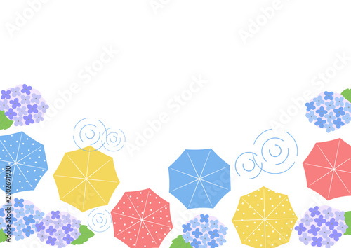 Fotografía 梅雨の背景イラスト　バナー　雨の背景　梅雨素材　雨素材　天気　紫陽花　雨　傘　