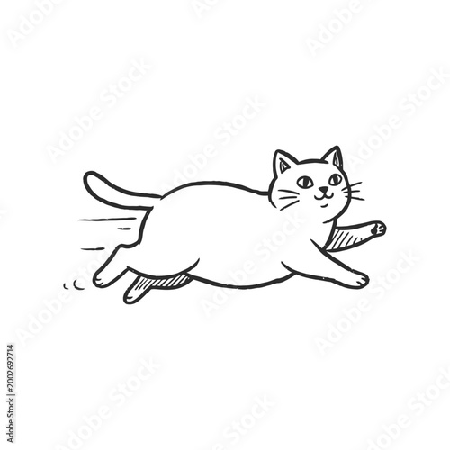 Minimalist vector illustration of a cat running or jumping. Feline character in motion isolated on white background.