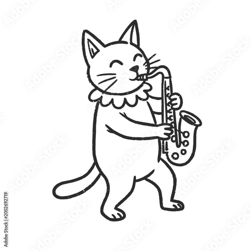 Minimalist jazz cat character playing saxophone. Feline musician vector illustration isolated on white background.