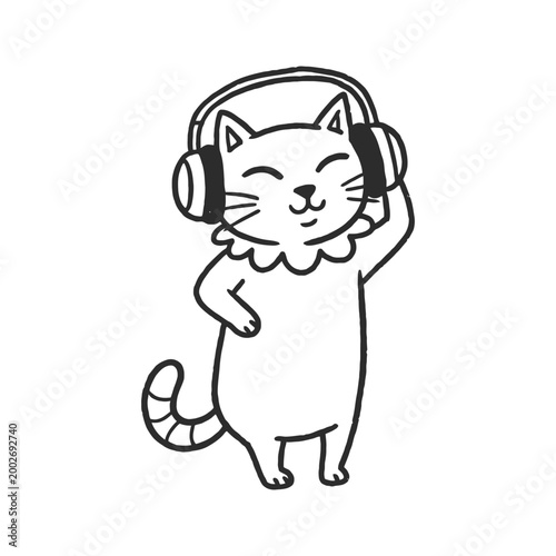 Minimalist cat listening to audio with headphones. Feline character vector illustration isolated on white background.