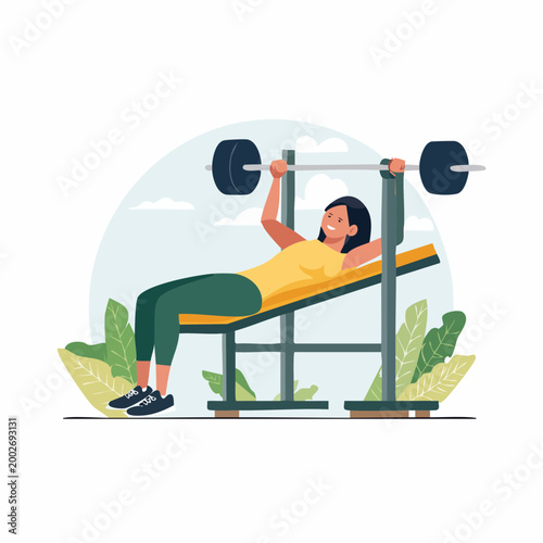 Woman performing bench press exercise with barbell