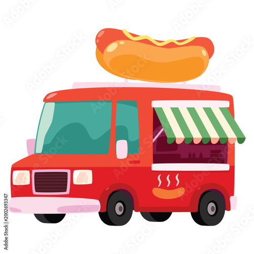 Cute Hot Dog Food Truck Cartoon Illustration
