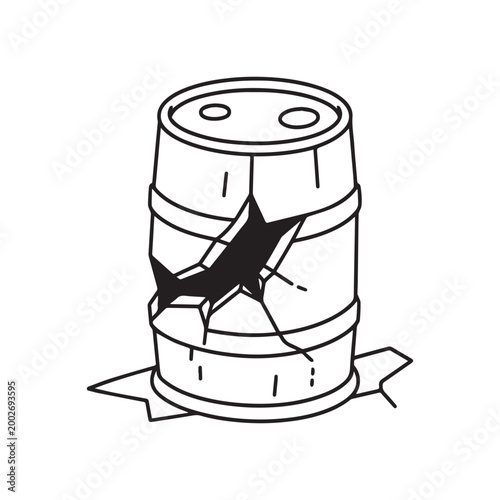 Damaged Industrial Metal Oil Barrel with Large Cracks and Leaking Structure Illustration.