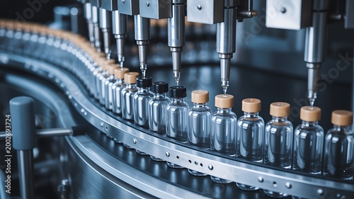 Pharmaceutical bottles on automated production line in modern factory