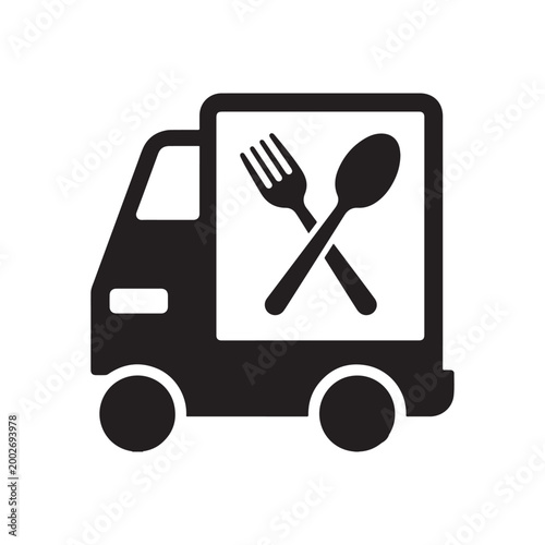 Food Truck Delivery Van Icon with Crossed Spoon and Fork Cutlery Symbol. 