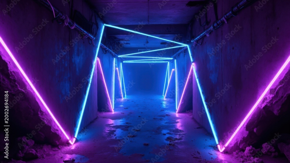 Fototapeta premium A modern, colorful tunnel illuminated by neon pink and blue sticks.