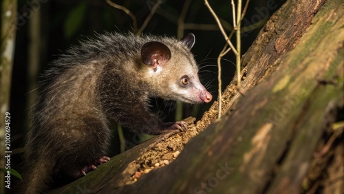 Cuadro en lienzo Aye-Aye (Daubentonia madagascariensis) lemur, strepsirrhine primate, finding insects in hollow wood with a long middle finger at night, Masoala forrest reserve, Madagascar