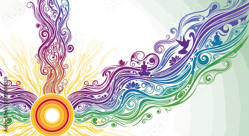 Tableau sur toile Vibrant abstract illustration of a sunburst with colorful swirling patterns and meditative figures