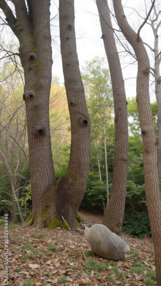 Fototapeta premium A forest with tall, thick tree trunks along a walking path.