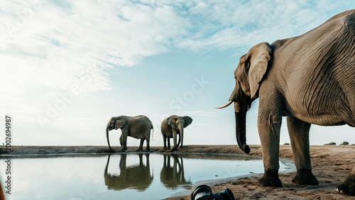 Photography The elephant family find drinking water at night, Hwange National Park, Zimbabwe
