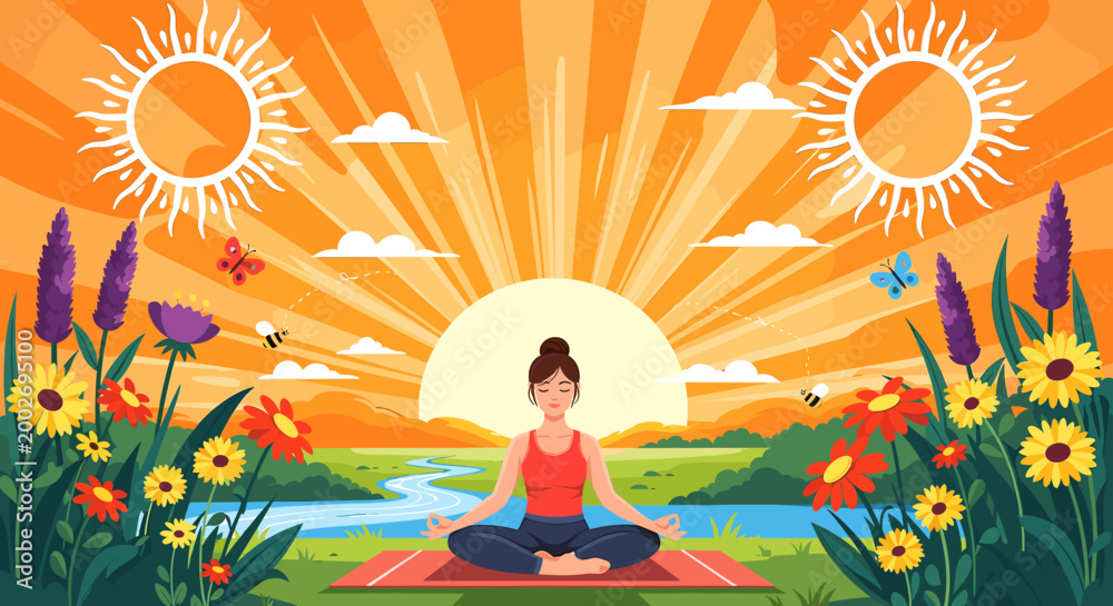 Obraz premium Woman meditating in lotus pose on a yoga mat amidst a vibrant sunrise, surrounded by blooming flowers, butterflies, and a serene natural landscape.