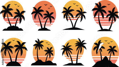 A collection of eight tropical sunset scenes with palm trees silhouettes