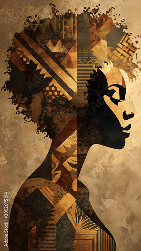 African woman in abstract collage with geometric patterns