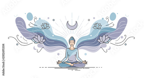 Quadro em tela Serene woman meditating with flowing abstract elements and lotus flowers, symbolizing peace and spiritual growth